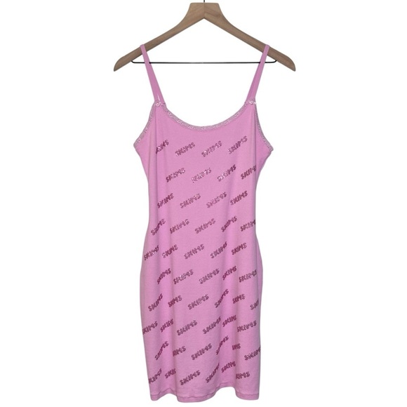 SKIMS Rhinestone Logo Pointelle Mini Slip Dress in Bubble Gum - Picture 3 of 8
